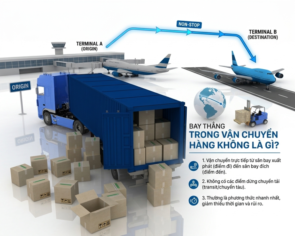 Định nghĩa phương thức bay thẳng trong vận chuyển hàng không logistics