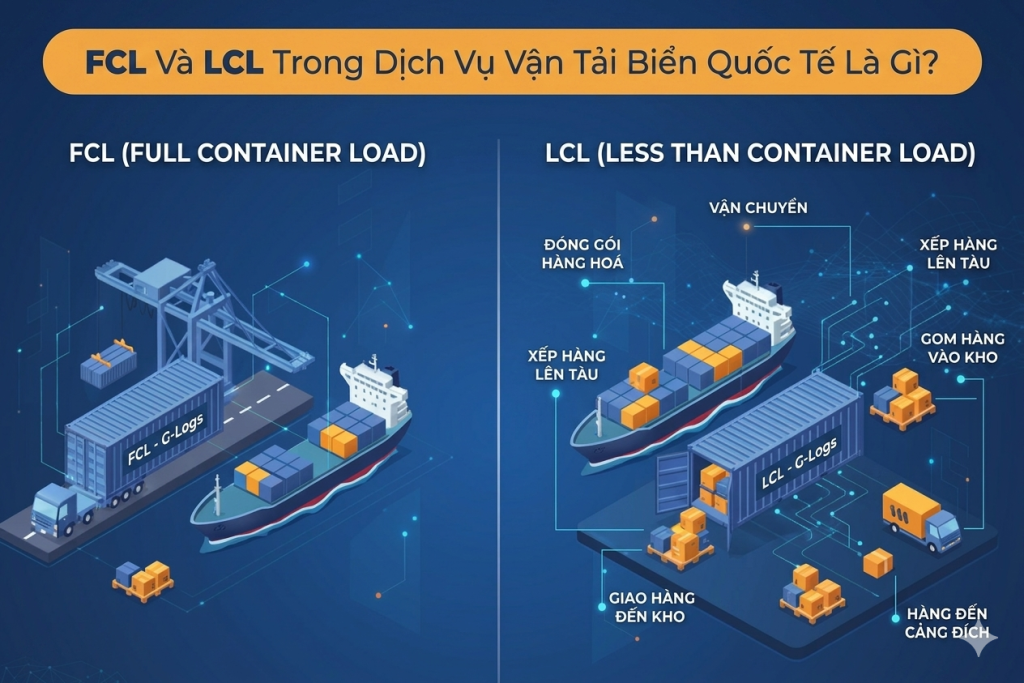 Sơ đồ so sánh phương thức FCL và LCL trong dịch vụ vận tải biển quốc tế