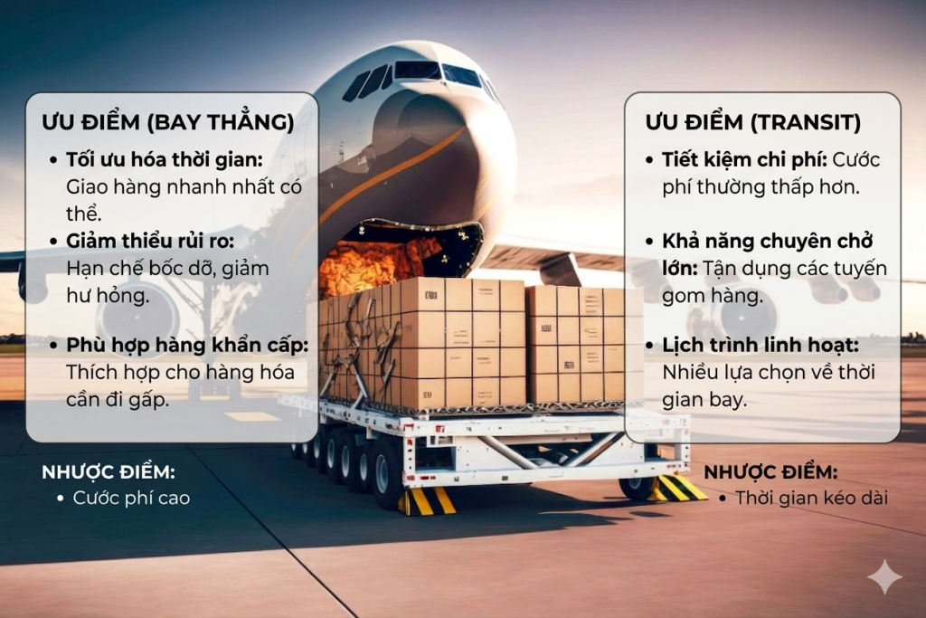 So sánh ưu nhược điểm giữa bay thẳng và transit trong vận chuyển hàng không